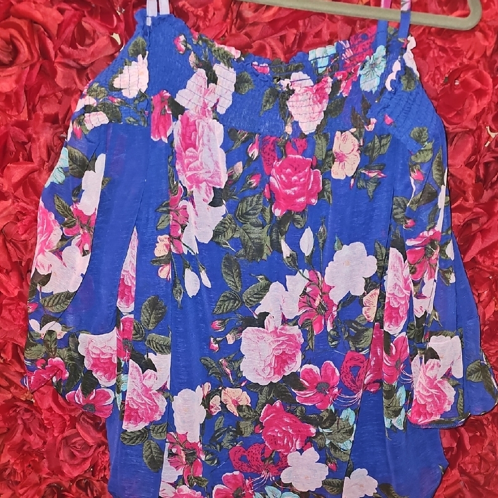 INC International Concepts Red and Blue Smocked Off/On Shoulder Top Size Large